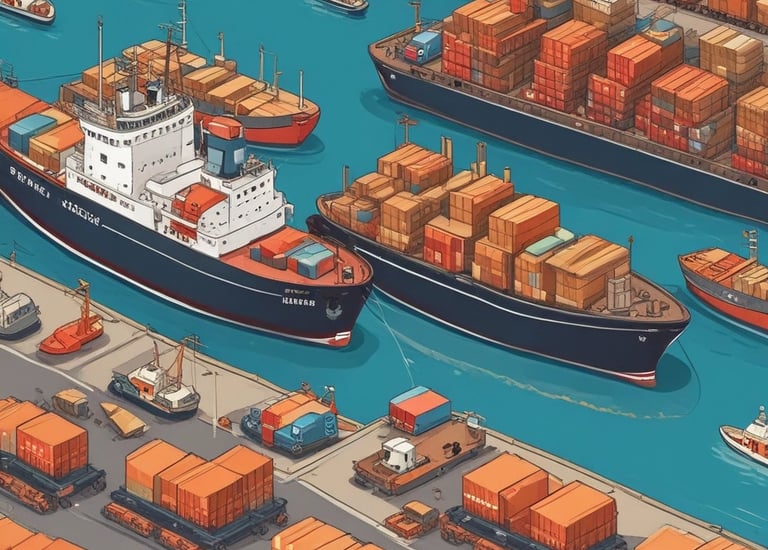 Large cargo ships are docked at a shipping port, with numerous cranes towering over the ships. The sky is overcast, giving the scene a muted, industrial appearance. Containers of various colors are stacked on the ships, indicating active trade and logistics operations.