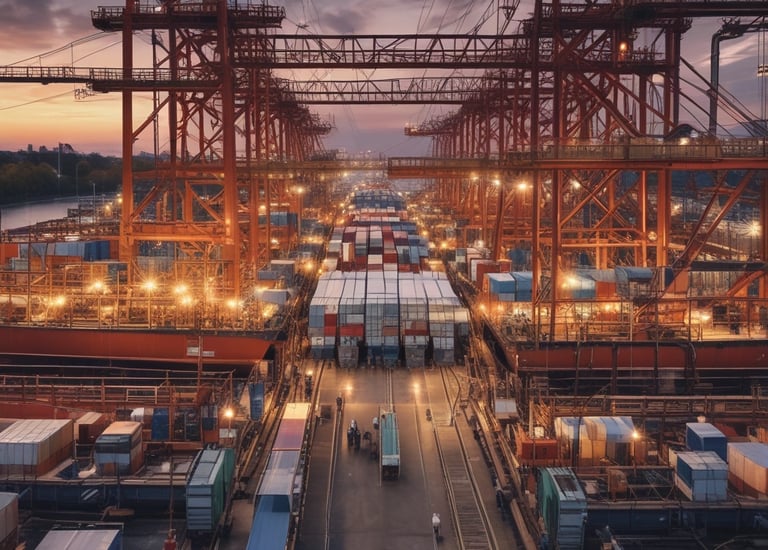 A large cargo ship is prominently displayed with the word 'SHIPPING' painted in bold white letters on its blue hull. The upper section of the ship is stacked with multicolored shipping containers. A person dressed in an orange jacket is in the foreground, partially visible, facing towards the ship.