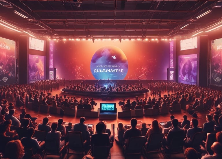 A professional video camera is mounted on a crane or jib arm against a backdrop of bright stage lights and colorful screens. The setup suggests a live event or production setting, with beams of light shining through the space.