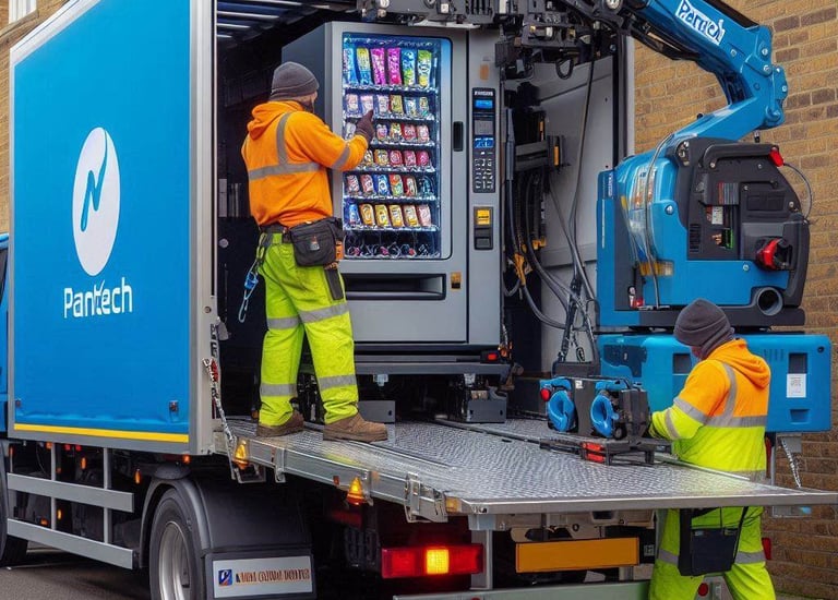 Reliable vending machine transport. 2 men with a Pantech truck moving a vending machine