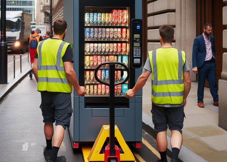 2 men wearing hi-viz clothing moving a vending machine on a pallet jack in a busy street in Sydney,