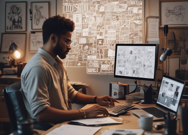 a man sitting at a desk with a laptop and a computer creating graphics and visuals