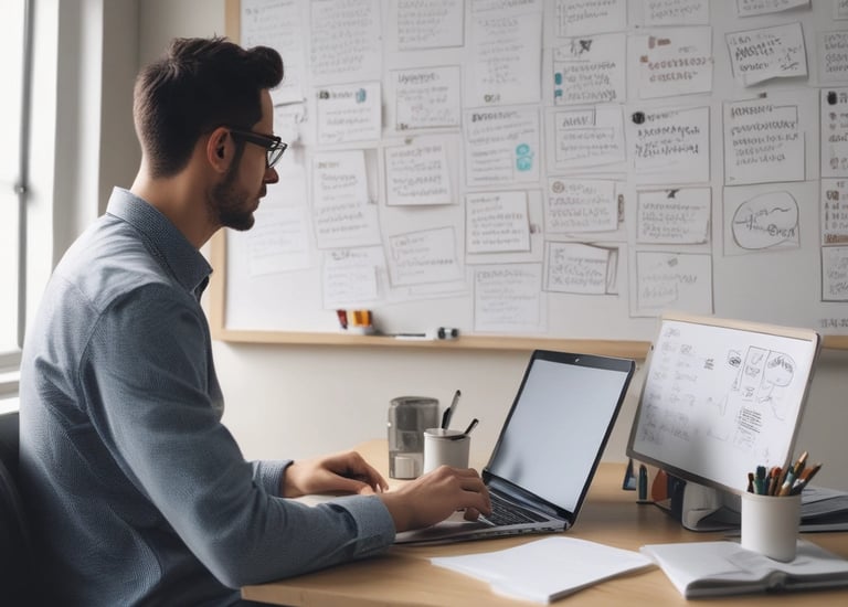 a man sitting at a desk with a laptop