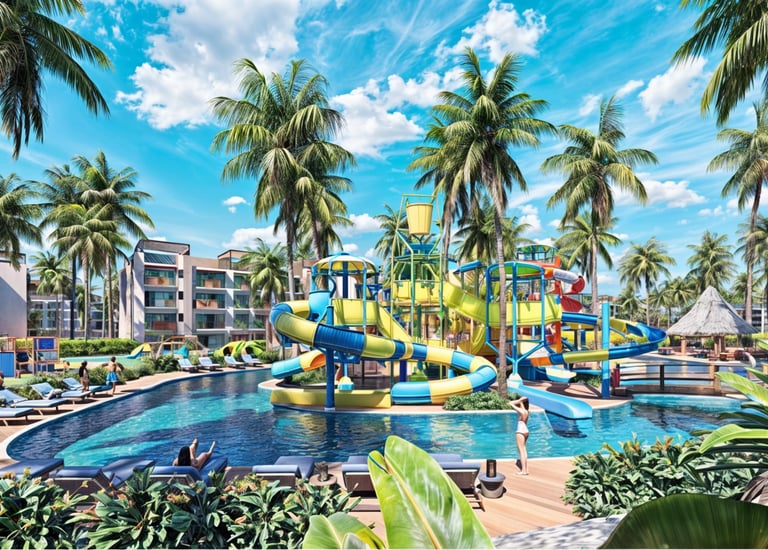 a large pool with a slider and a slider in the middle of the