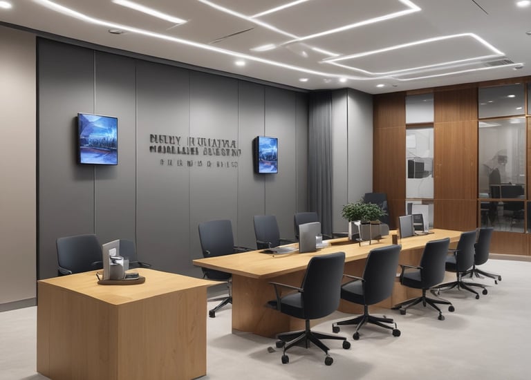 A modern interior space with clean architectural lines and multiple levels visible. The ceiling features an intricate lattice framework, allowing light to filter through. Walls are pristine white with small rectangular windows, and the floors have warm lighting near the doors.