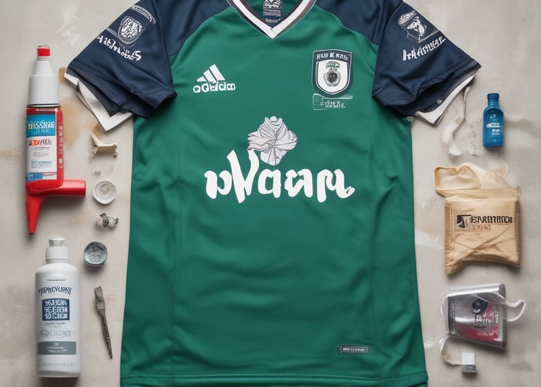 A skilled artisan carefully removing old prints from a soccer shirt.