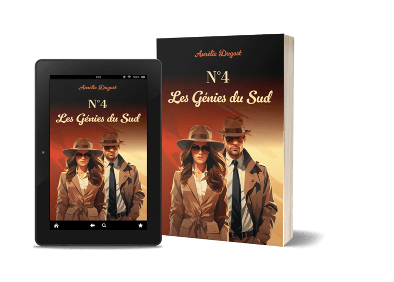 Mockup du roman policier "N°4 Les génies du Sud" de l'auteure Aurélie Dugast