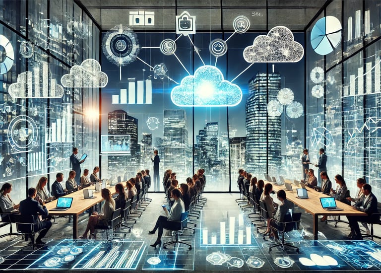 a group of people sitting at a table with a laptop and a cloud computing system
