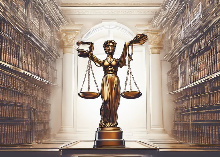 "Estátua dourada da deusa da justiça com balança em uma mão, em uma biblioteca clássica com estantes