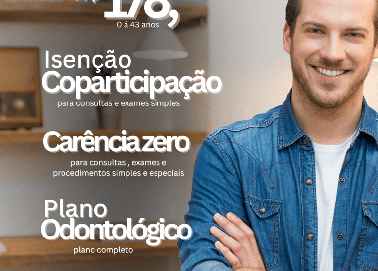 Homem sorridente ao lado de informações sobre plano de saúde empresarial São Bernardo Samp, com preç
