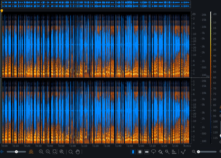 screenshot of an audio editor showing a waveform heat map for unwanted noises in a special tool.