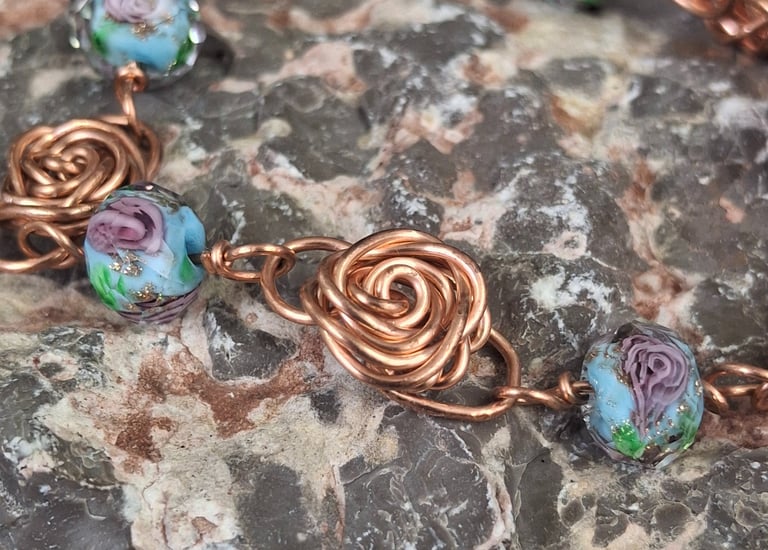 Copper and lamp work bead hand crafted rose bracelet