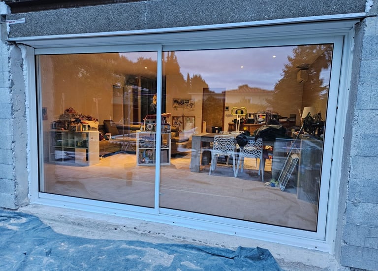 Photo de baie vitrée sur mesure + fenetre sur mesure + coulissant aluminium + verre + fenetre