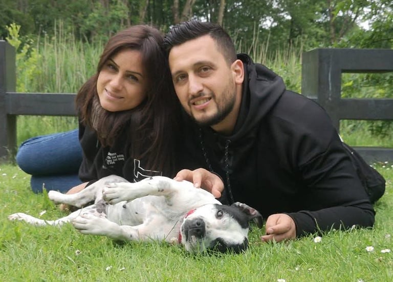 Allevatori di Grecalestaffs con Staffy Bianca Femmina sdraiati sul prato.