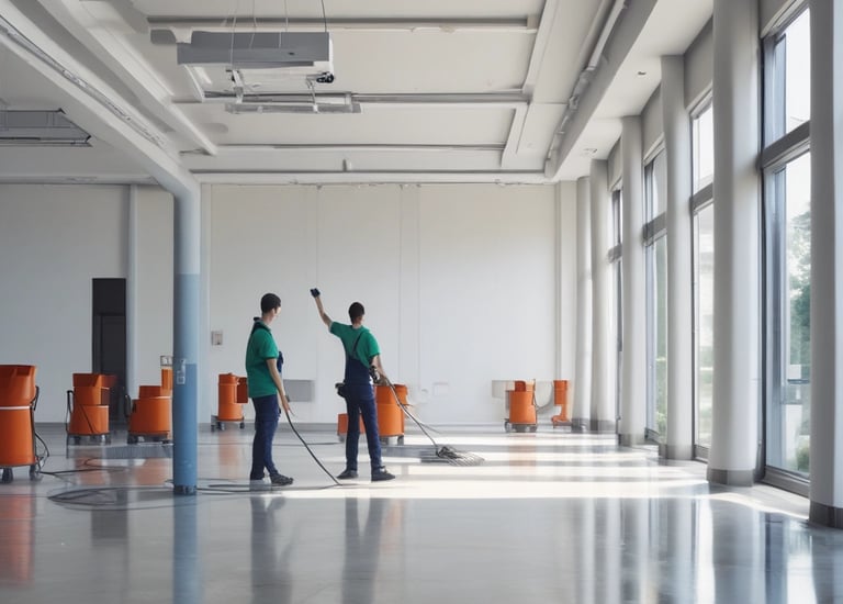 A team of cleaners collaborating in a spacious workspace.