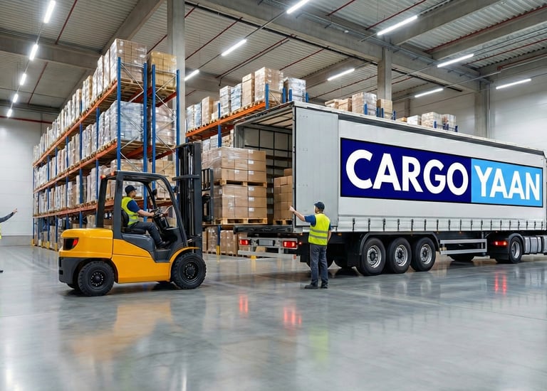 Loading commercial goods into a Cargoyaan truck for dispatch to Mumbai.