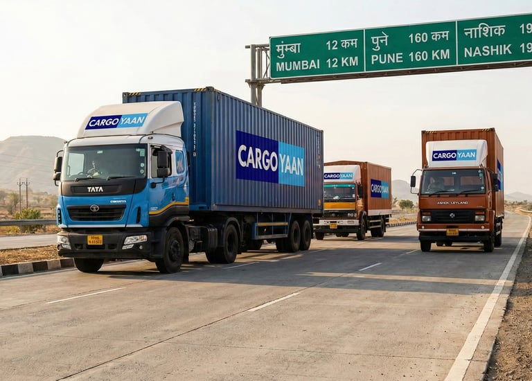 Cargo truck driving on national highway transporting goods from Gurgaon to Mumbai