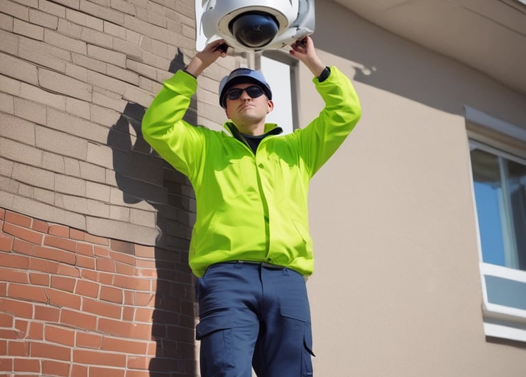 A residential house with a red roof is situated among lush green trees. Overhead utility lines stretch horizontally across the image against a partly cloudy sky with large billowing clouds. There is a mix of trees and foliage in the foreground.