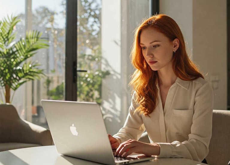 Red-Haired Businesswoman contemplating search engine optimization services 