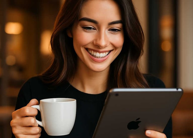 Brunette Woman Drinking Coffee and Using iPad Tablet