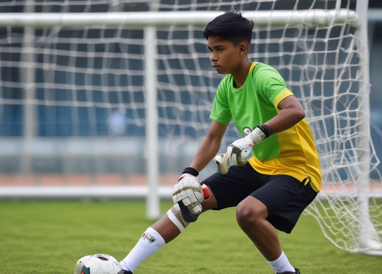 A young person is standing on a soccer field with one foot resting on a yellow soccer ball. They are wearing a gray soccer jersey and black shorts with knee-high socks. The background features a net and a wooden wall with a blue sky overhead.
