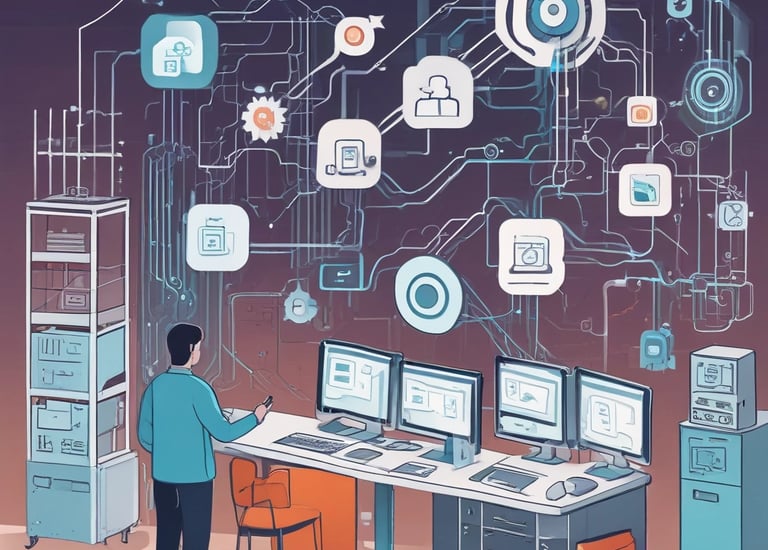 An abstract, pastel-colored, 3D-rendered representation of data analysis and search engine optimization (SEO). The image features a computer interface with various analytics symbols, including a magnifying glass, bar charts, pie charts, and a search bar with the text 'SEO'. Surrounding the interface are different objects such as a potted plant, a cup with a saucer, and a megaphone, all placed on a light green background.