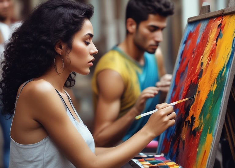 A multi-level art gallery features numerous paintings on white walls. Visitors are casually walking and some are observing the artwork. The gallery has a modern architectural design with curved edges and railings.