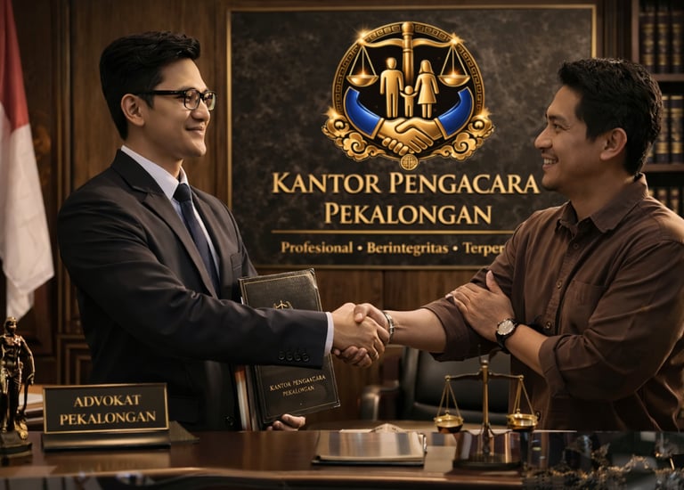 Professional lawyer in Pekalongan shaking hands with a client at his law office desk.