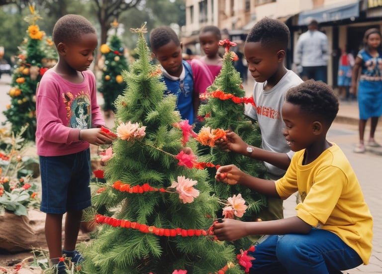 Children gathered around a small Christmas tree decorated with handmade ornaments.