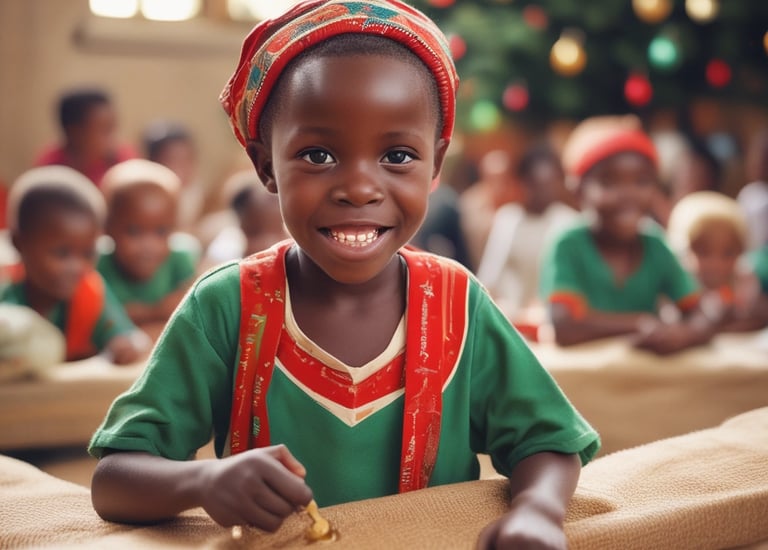 A close-up of a child's hands holding a donation box filled with coins and notes.