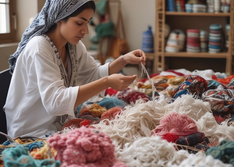 A person wearing traditional clothing is weaving with natural materials, surrounded by woven baskets and textiles. The setting appears to be a craft or artisan environment with handmade items and a natural aesthetic.