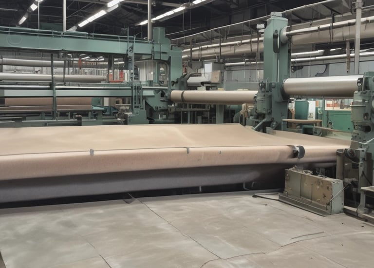 A woman is engaged in a textile-related task, possibly sewing or fabric inspection. She is wearing a white garment and is surrounded by strips of fabric. The setting appears to be a workshop or factory environment.