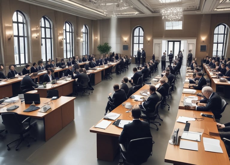 A group of professionals reviewing charts and data on a digital screen.