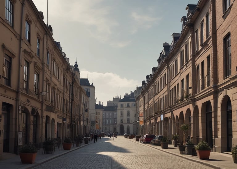 Modern apartment building with balcony overlooking a city skyline at sunset.