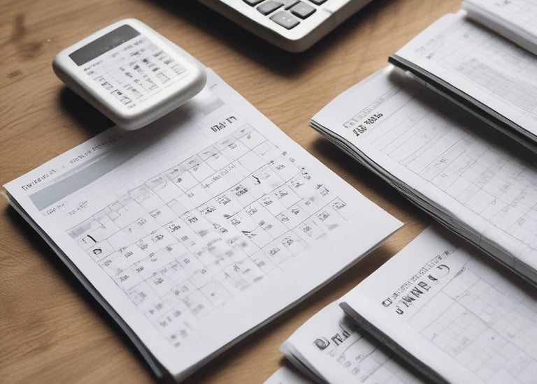 Close-up of hands reviewing property investment documents with a calculator.