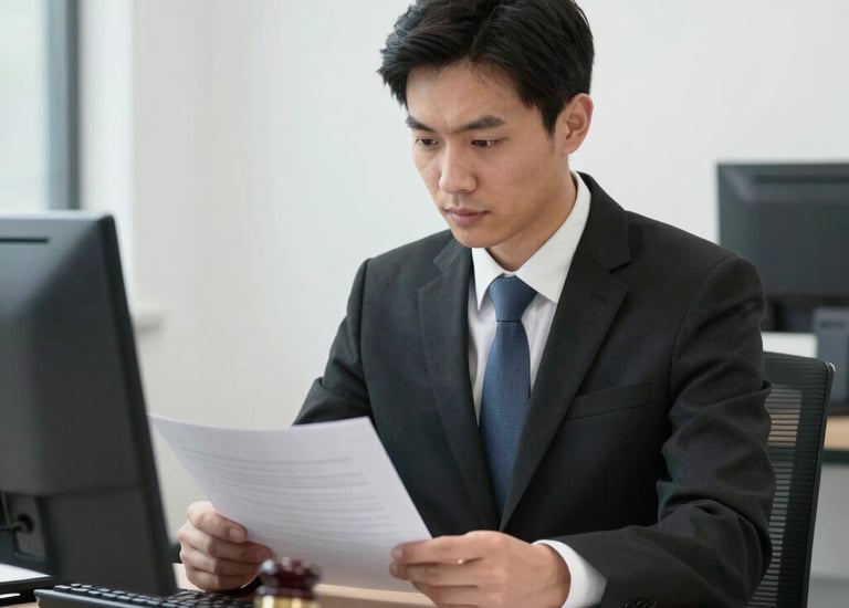 Close-up of hands reviewing property investment documents with a calculator.
