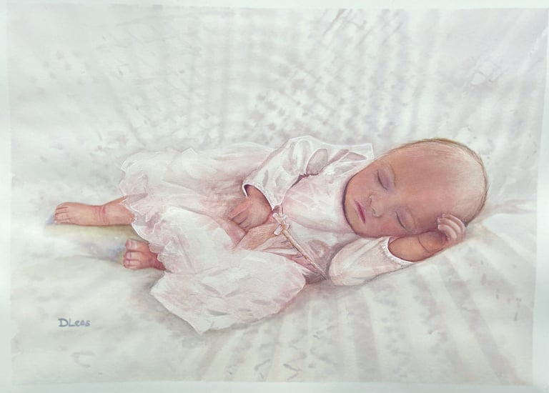 Watercolour of a baby sleeping on a blanket