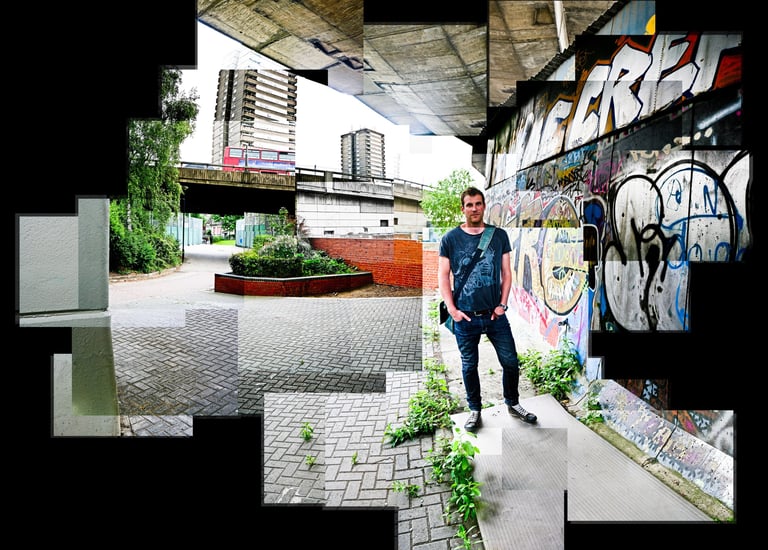 A joiner photo of a man standing next to a wall