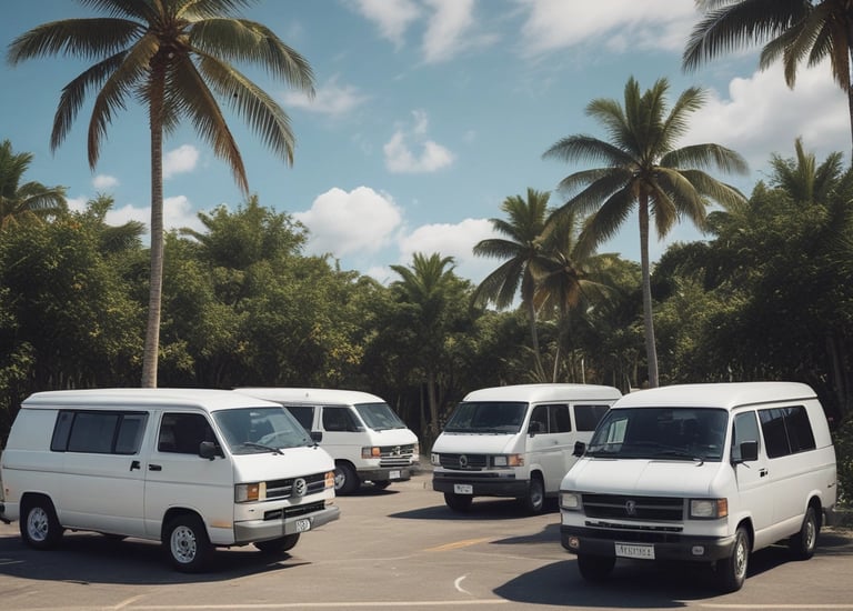 A scenic view of a tropical beach with palm trees.