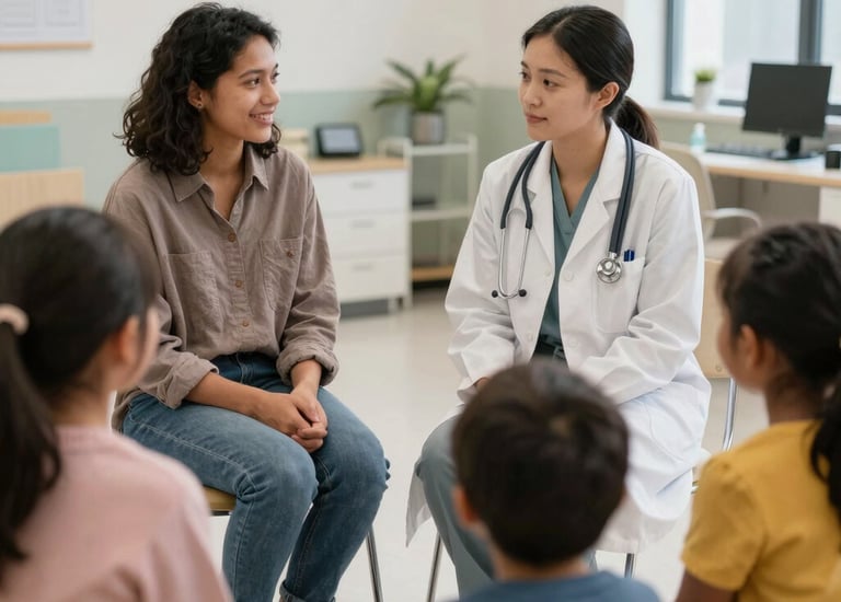 A family meeting with a doctor in a welcoming clinic.