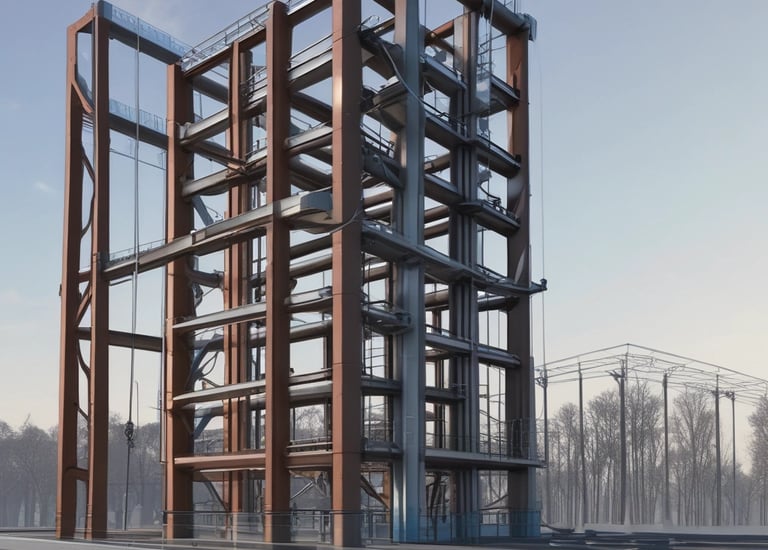 A workshop scene featuring a mannequin of a carpenter working on the wooden frame of a structure. The setting includes various wooden components, tools, and ladders around the workspace. The environment has a rustic and industrial feel with exposed brick walls and a large metal duct overhead.