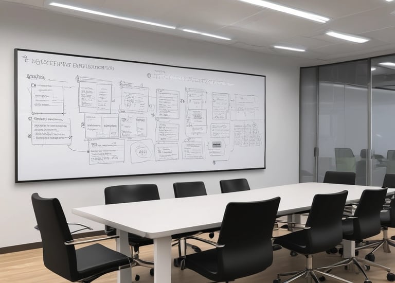 A man stands at a whiteboard in a modern office setting. The whiteboard displays a website wireframe sketch with some notes. The man is wearing a white t-shirt and is holding a marker. In front of him, on a wooden table, there is a laptop with various stickers, a smartphone, and an electronic device. The office features large windows and sleek lighting fixtures.