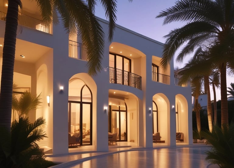 A large, luxurious mansion surrounded by lush greenery and trees, featuring a grand architectural design with multiple arched windows, a circular driveway, and a water fountain in front. The building is set against a backdrop of a forested area with many trees extending into the distance.