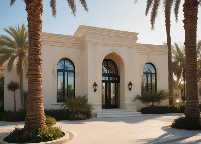 A waterfront scene featuring two large, modern houses with spacious terraces facing a calm body of water. The houses have palm trees nearby, adding a tropical feel to the environment. The sky is clear and blue, and the water reflects the buildings and the sky.