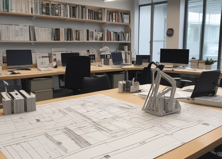 Two construction workers, wearing safety helmets and protective clothing, are standing at a construction site. One is wearing an orange high-visibility jacket, smiling, and gesturing with his arms. The background includes various construction materials and equipment.