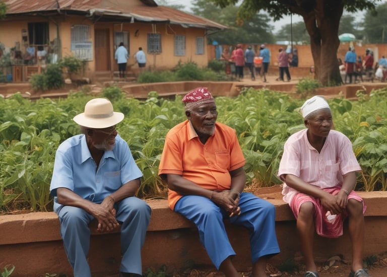 A group of elderly individuals wearing face masks stand in a line indoors. They are dressed in traditional clothing, holding documents or bags, indicating they might be waiting for a service or appointment. The room has neutral walls and some natural light coming in.