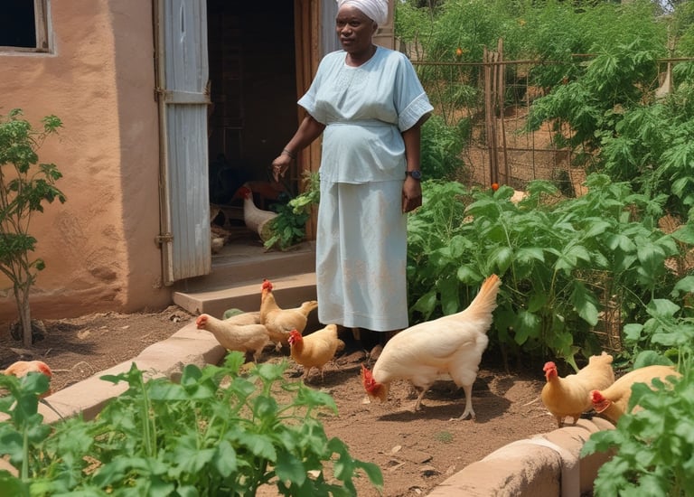 An elderly person with white hair and a striped shirt is bending down to tend to a raised bed garden filled with green leafy vegetables. The surrounding environment includes various gardening tools and lush greenery in the background.