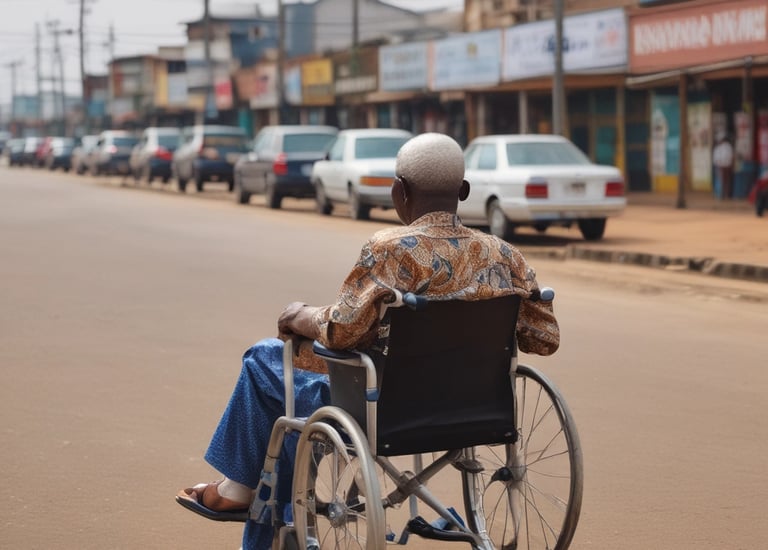 An elderly person with gray hair sits in a red wheelchair on a paved path, surrounded by greenery and buildings in a peaceful outdoor setting.