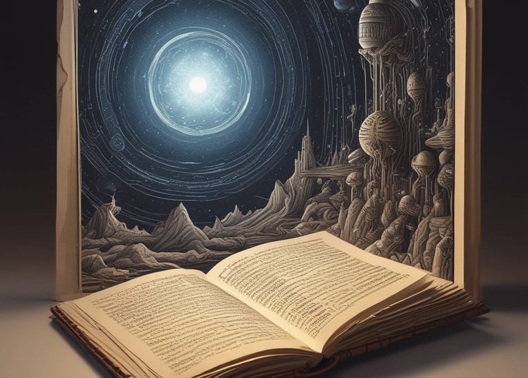 A vintage suitcase is used as a makeshift table, with a book titled 'SpaceTime Infinity' resting on it. The book cover features an image of the planet Saturn. Nearby is a potted plant with trailing green leaves, and a wooden chair with yellow and white striped upholstery is partially visible.