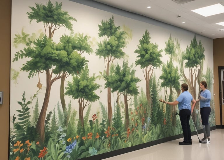 A mural painted on a building facade features an imaginative scene with urban elements like buildings, staircases, and people. The artwork includes a person walking up painted stairs, seamlessly blending with the real environment. Trees and parked cars are visible in the surrounding area, contributing to the vibrant and lively atmosphere.